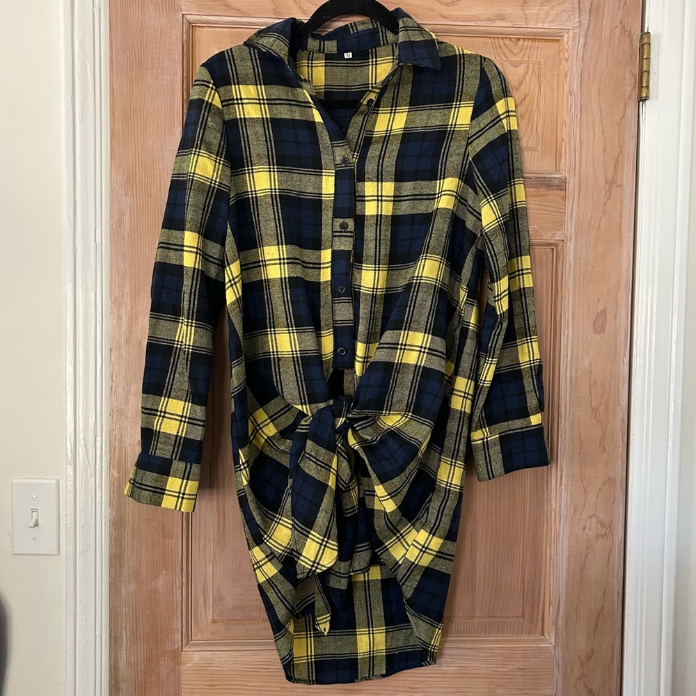Navy and Yellow Plaid Button Down Stylish Shirt Dress Women’s Size Medium